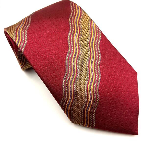 Daniel De Fasson- Men's Tie-Repp Red Blue Yellow Design Silk Handmade Necktie - Picture 1 of 5